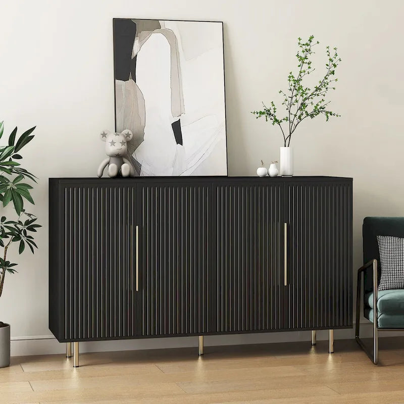 Black Modern Buffet Cabinet with Storage, Fluted Sideboard Large Buffet with Adjustable Shelves, Credenza, Accent Cabinet