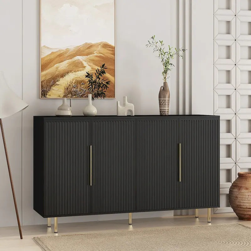 Black Modern Buffet Cabinet with Storage, Fluted Sideboard Large Buffet with Adjustable Shelves, Credenza, Accent Cabinet