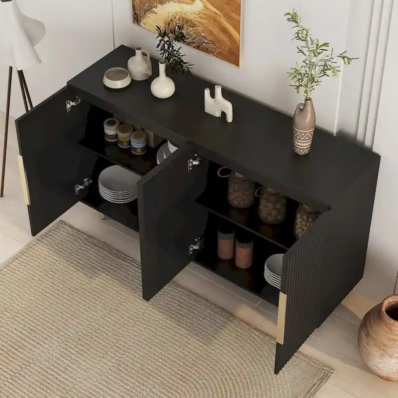 Black Modern Buffet Cabinet with Storage, Fluted Sideboard Large Buffet with Adjustable Shelves, Credenza, Accent Cabinet
