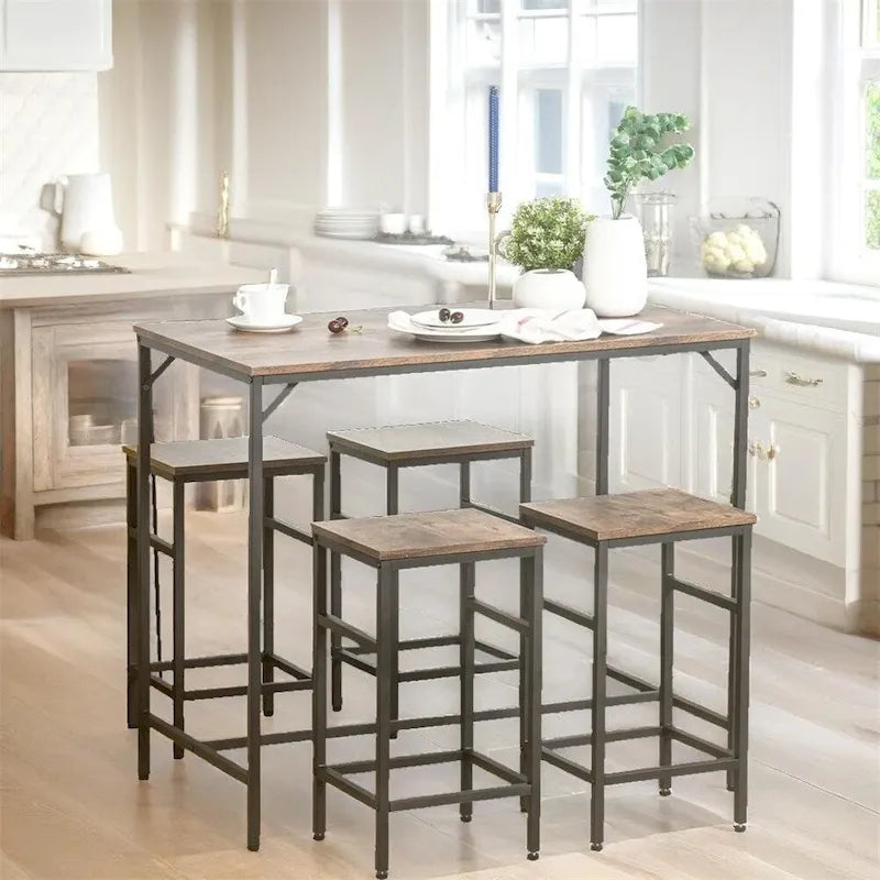 Wood Dining Table Set with Bar Table and 4 Stools Set(Set of 5)
