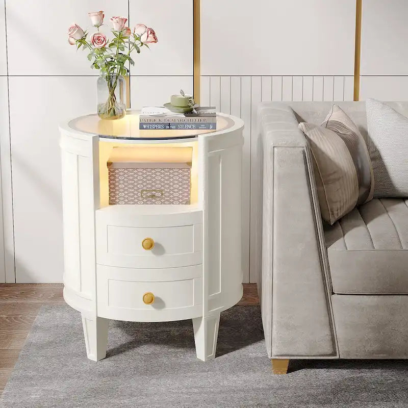 2-Drawer Side Table Nightstand with Open Shelf and LED Lights for Bedroom Living Room