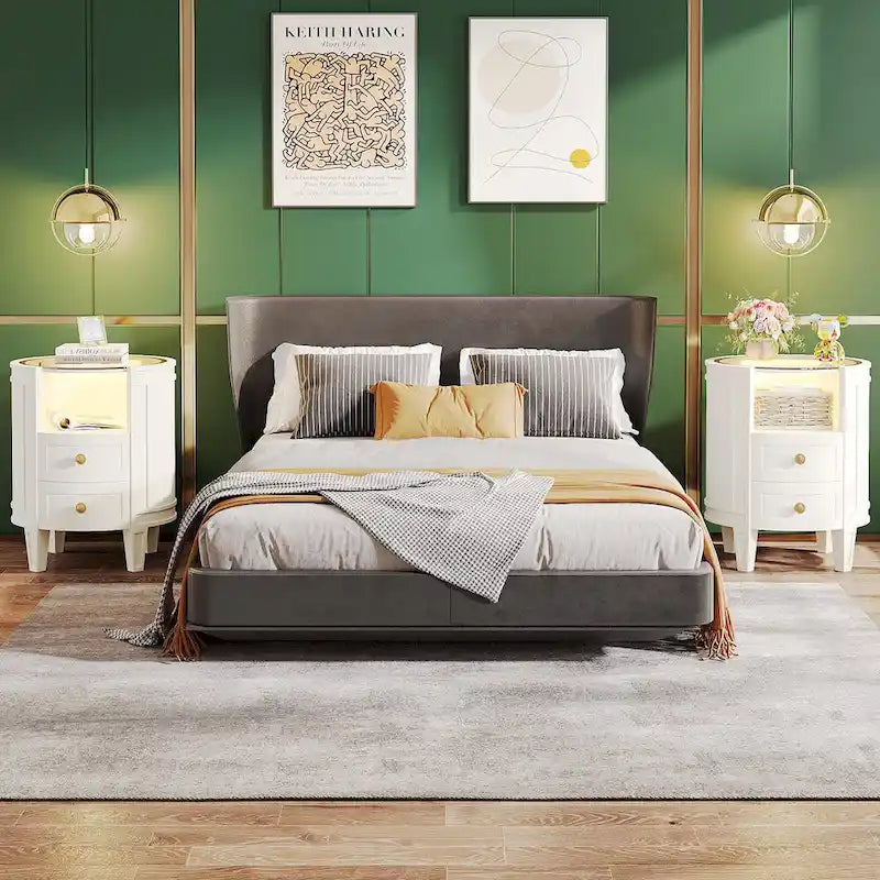 2-Drawer Side Table Nightstand with Open Shelf and LED Lights for Bedroom Living Room