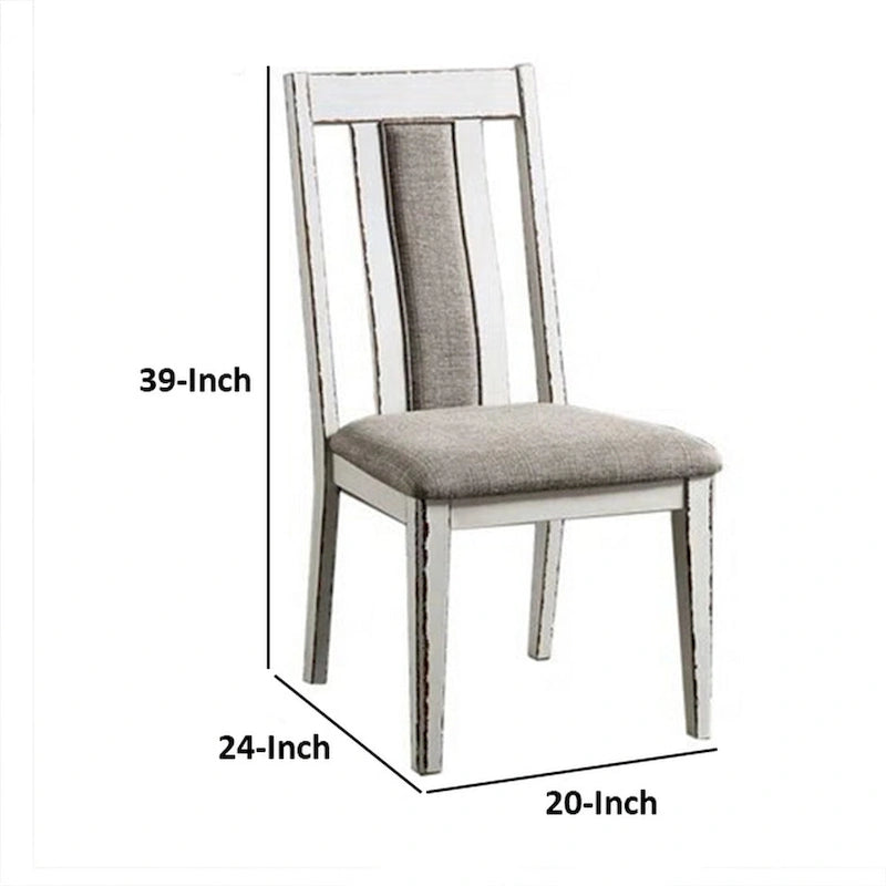 24 Inch Dining Side Chair Set of 2, Rustic White Wood, Gray Fabric Seat