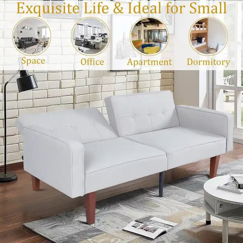 68 in. Soft Convertible Sofa Bed with Adjustable Backrest and Solid Wood Legs