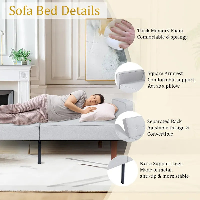 68 in. Soft Convertible Sofa Bed with Adjustable Backrest and Solid Wood Legs