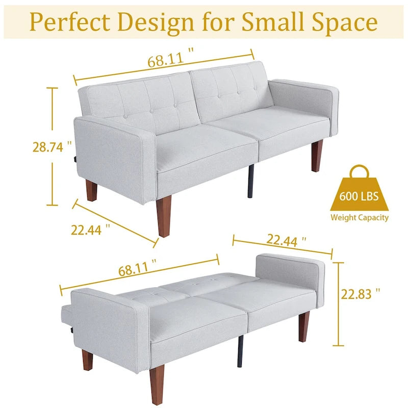 68 in. Soft Convertible Sofa Bed with Adjustable Backrest and Solid Wood Legs
