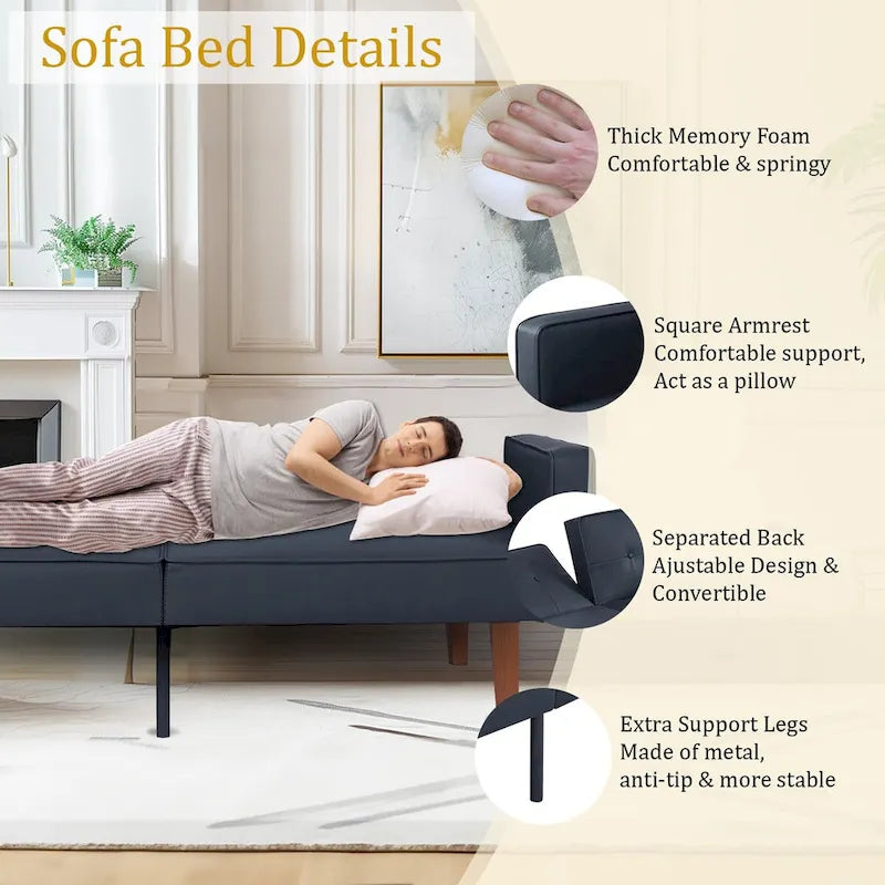 68 in. Soft Convertible Sofa Bed with Adjustable Backrest and Solid Wood Legs