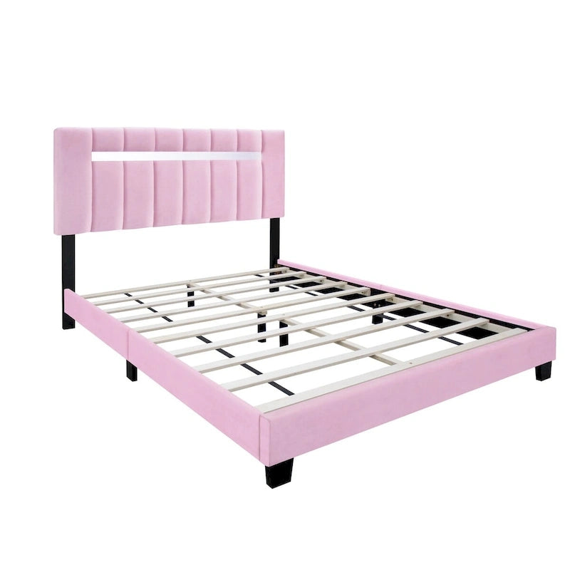 Queen Size Velvet Upholstered Bed Frame with Adjustable Features, Teenage Girl's Favorite Collection