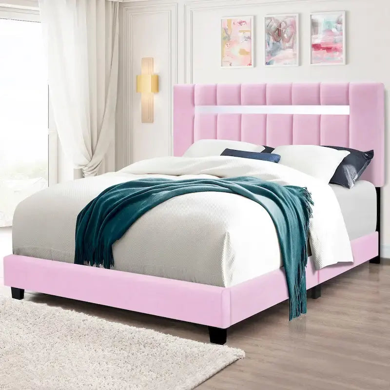 Queen Size Velvet Upholstered Bed Frame with Adjustable Features, Teenage Girl's Favorite Collection